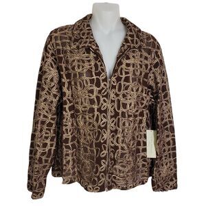 Laura Ashley Petite Jacket PL Large Brown Zip Sheer Mesh Embroidered Floral
